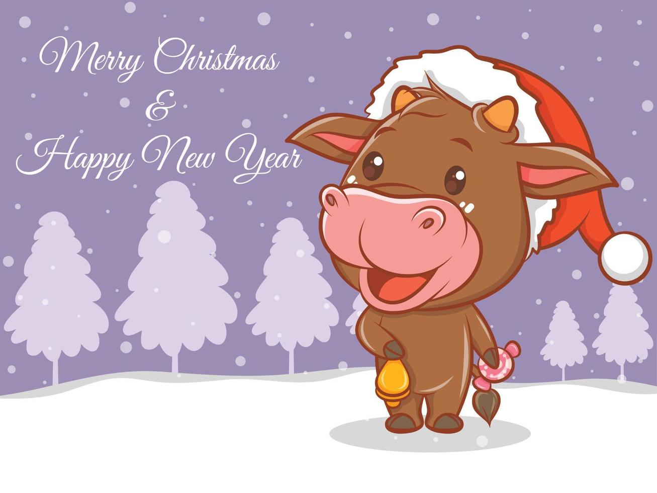 personnage de dessin animé de vache mignon avec joyeux noël et bonne année bannière de voeux. vecteur