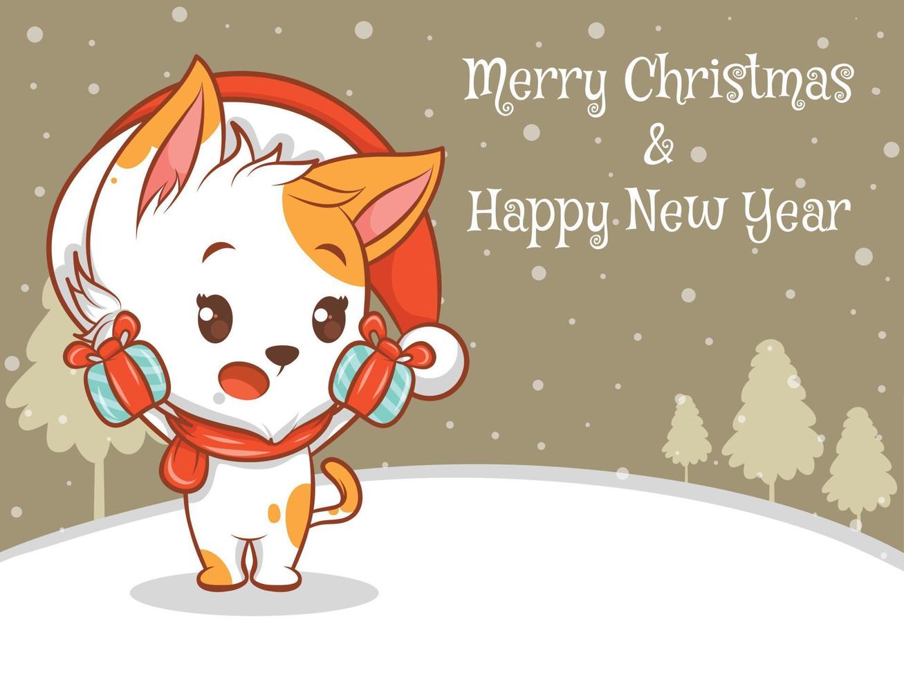 personnage de dessin animé de chat mignon avec joyeux noël et bonne année bannière de voeux. vecteur