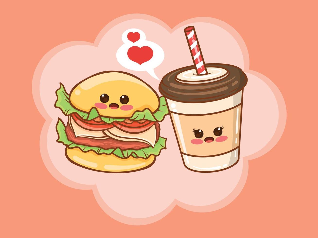 concept de couple de hamburger de tasse de café mignon. dessin animé vecteur