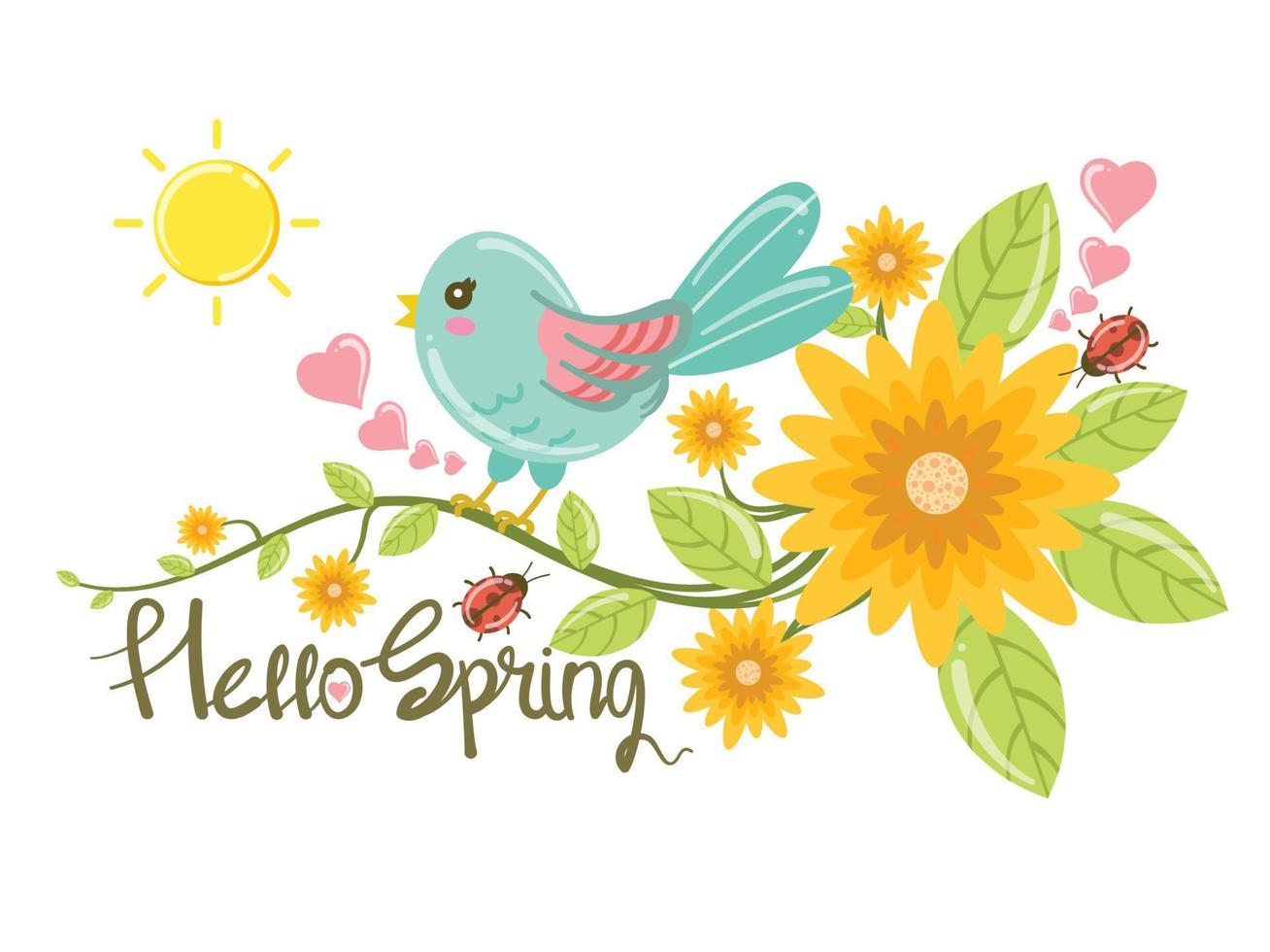 oiseau mignon avec des fleurs et des feuilles. bonjour illustration de carte de printemps vecteur