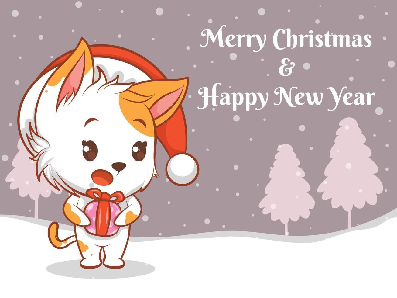personnage de dessin animé de chat mignon avec joyeux noël et bonne année bannière de voeux. vecteur