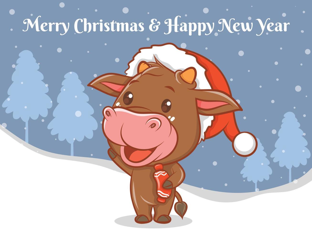 personnage de dessin animé de vache mignon avec joyeux noël et bonne année bannière de voeux. vecteur