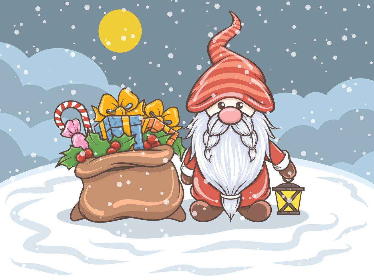 gnome mignon tenant une illustration de noël lanterne vecteur