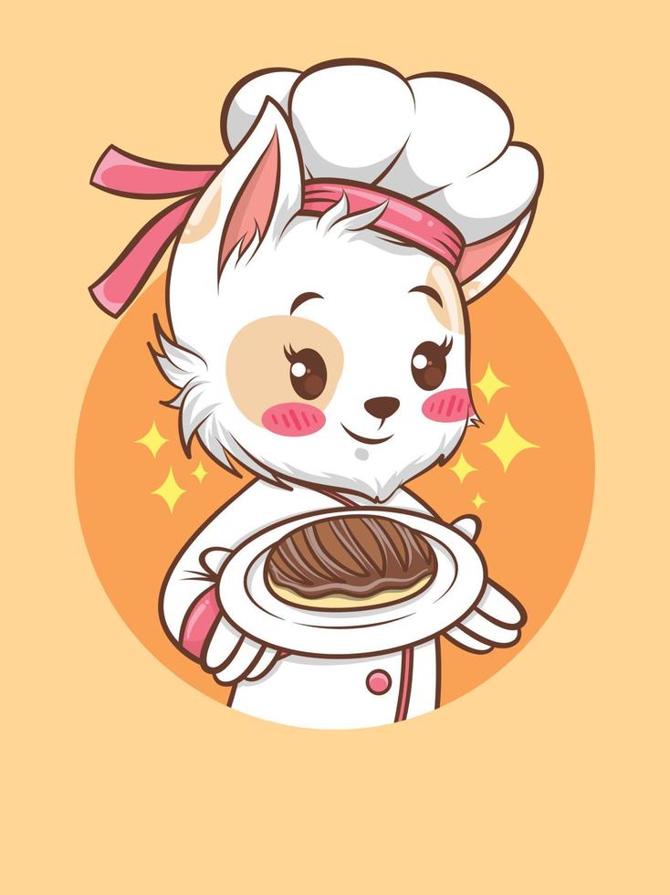 chef de fille de chats mignons tenant un gâteau. concept de chef de boulangerie. personnage de dessin animé et mascotte vecteur