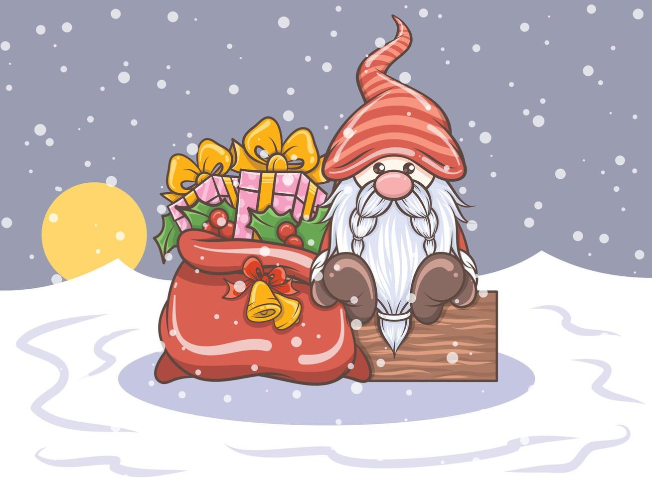 illustration de gnome mignon avec sac cadeau de noël vecteur