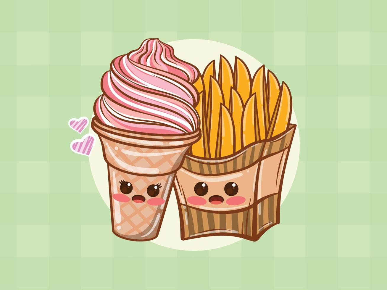 concept de couple mignon de crème glacée et de pommes de terre frites. dessin animé vecteur