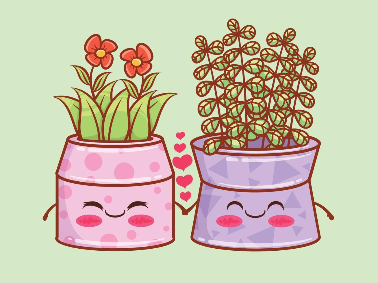 personnages de dessins animés et illustrations de pots de fleurs d'été mignons. notion de couple. vecteur