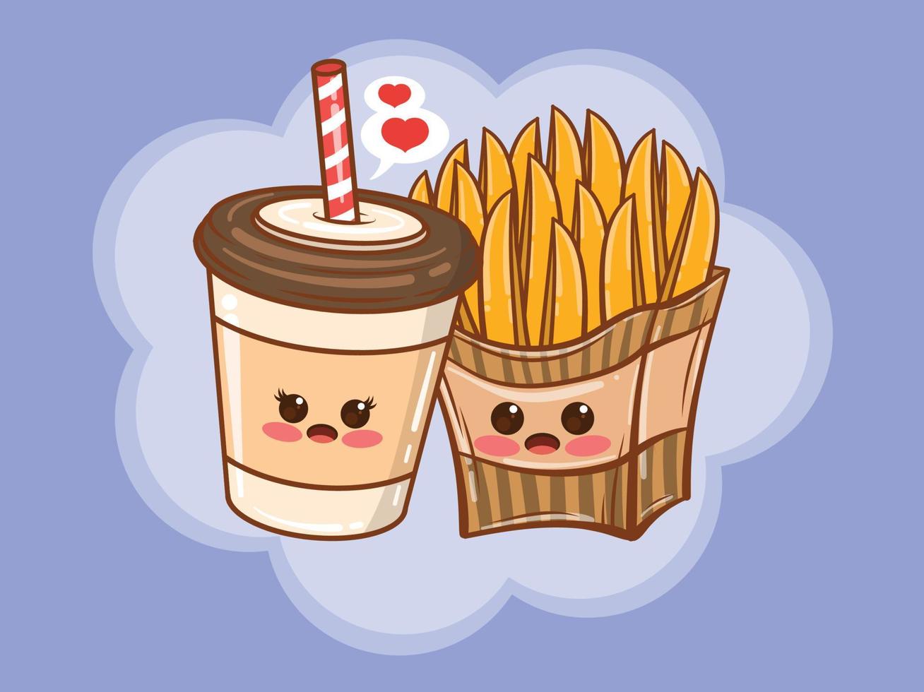 tasse de café mignonne et concept de couple de pommes de terre frites. dessin animé vecteur