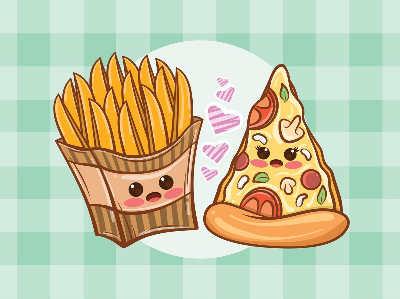 concept de couple mignon de pommes de terre frites et de tranches de pizza. dessin animé vecteur