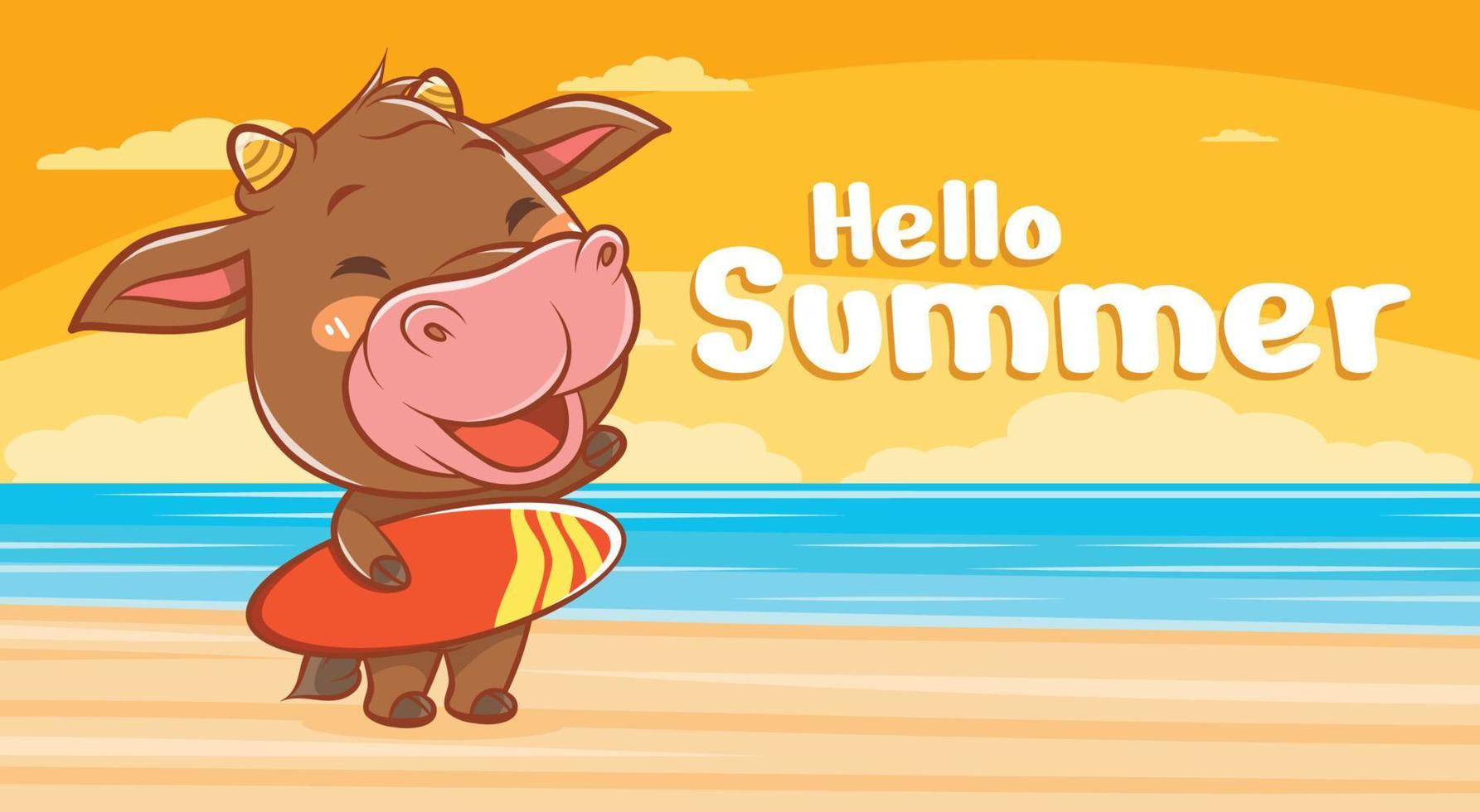 vache mignonne avec une bannière de voeux d'été. vecteur