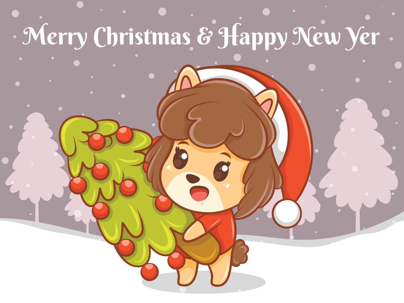 personnage de dessin animé mignon chiot avec joyeux noël et bonne année bannière de voeux. vecteur