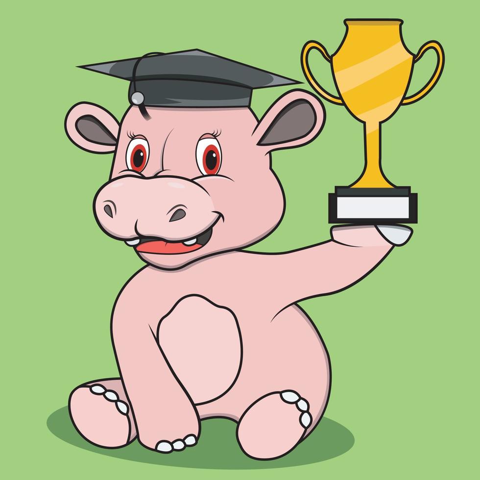 personnage hippopotame utilise un chapeau diplômé et apporte un trophée vecteur