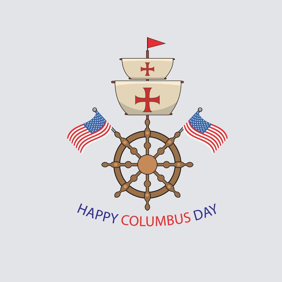 joyeux jour de columbus amérique avec roue de navire et drapeaux vecteur