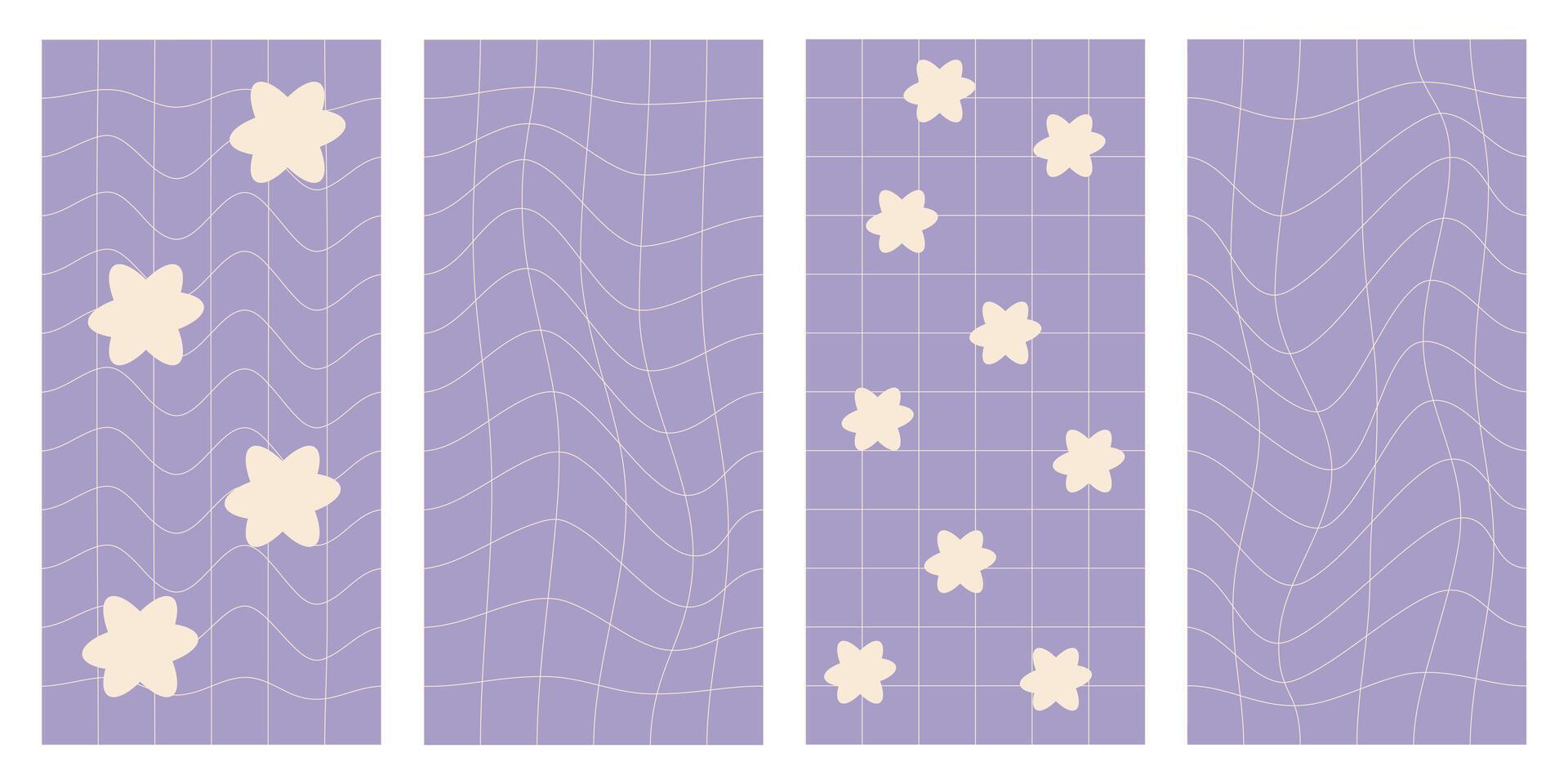 ancien sensationnel échiquier modèle ensemble dans violet pastel couleurs avec beige fleurs. rétro Années 60 Années 70 psychédélique géométrique arrière-plans. . vecteur