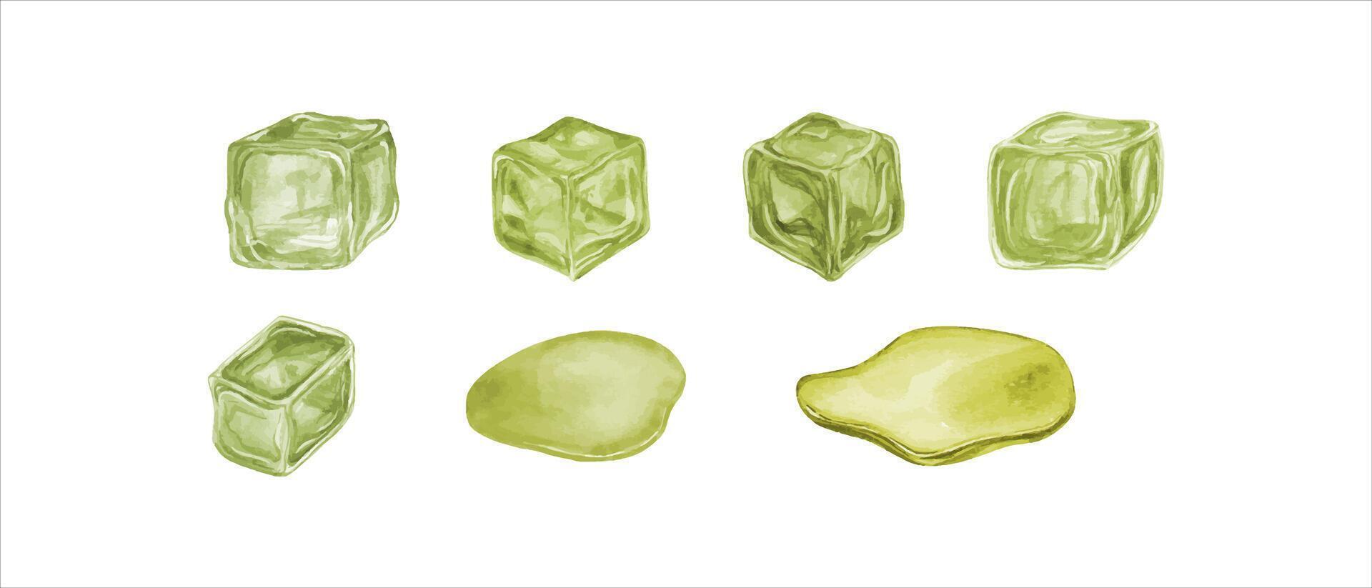 ensemble de fruit la glace cubes. fusion la glace cube et l'eau vert Jaune gouttes. congelé jus. aquarelle illustration pour menu, cocktail faire la fête, prospectus, pour le conception de cartes postales. vecteur