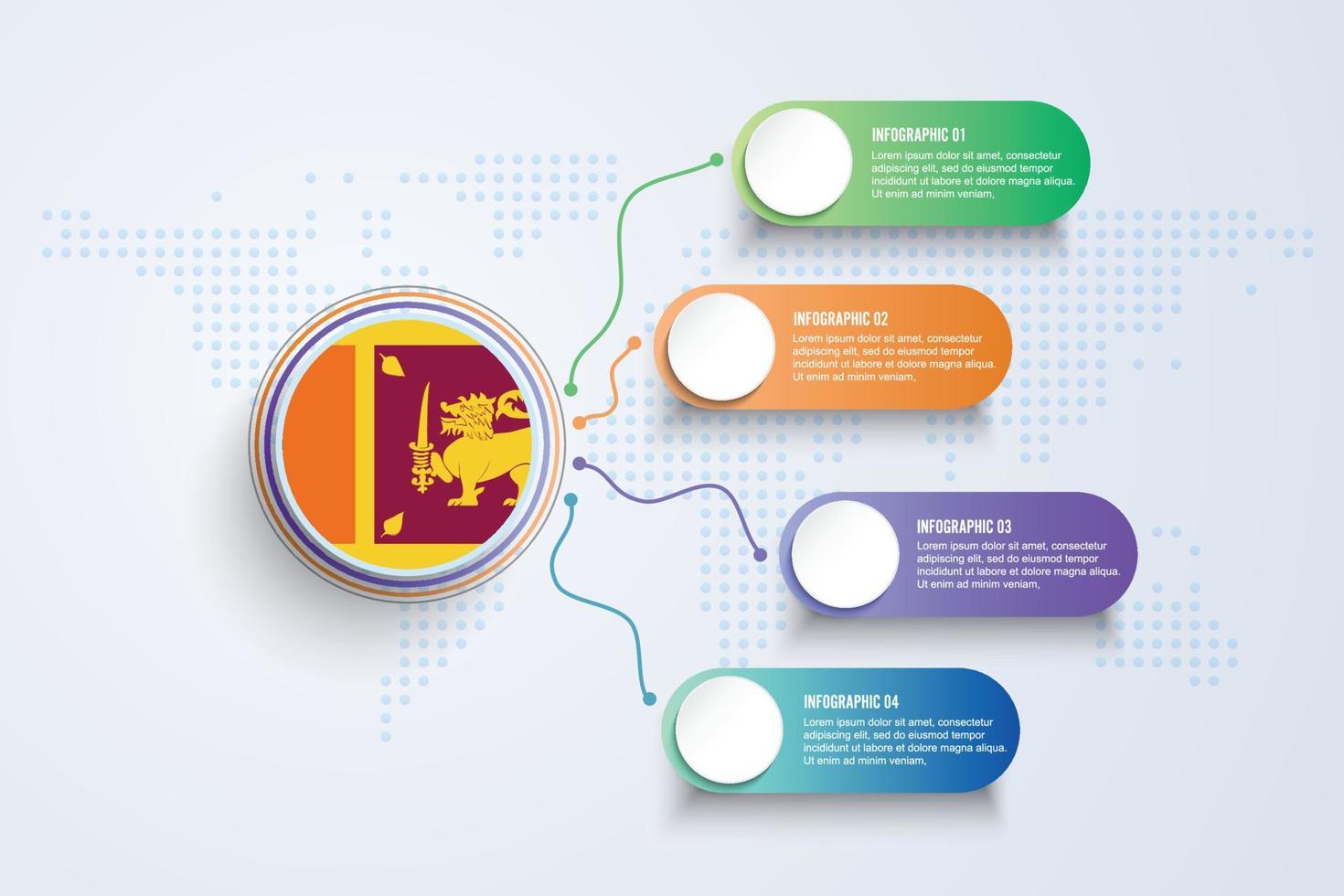 Drapeau du Sri Lanka avec une conception infographique isolée sur la carte du monde à points vecteur