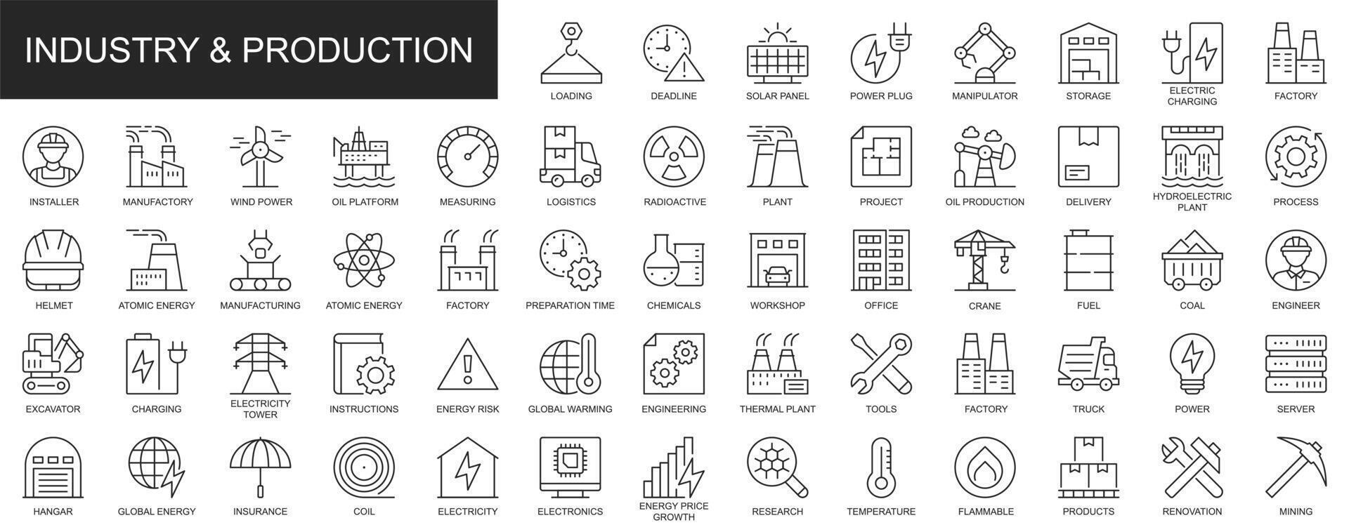 industrie et production la toile Icônes ensemble dans mince ligne conception. pack de rénovation, pouvoir, stockage, logistique, usine, fabrication, ingénieur, usine, autre contour accident vasculaire cérébral pictogrammes. illustration. vecteur