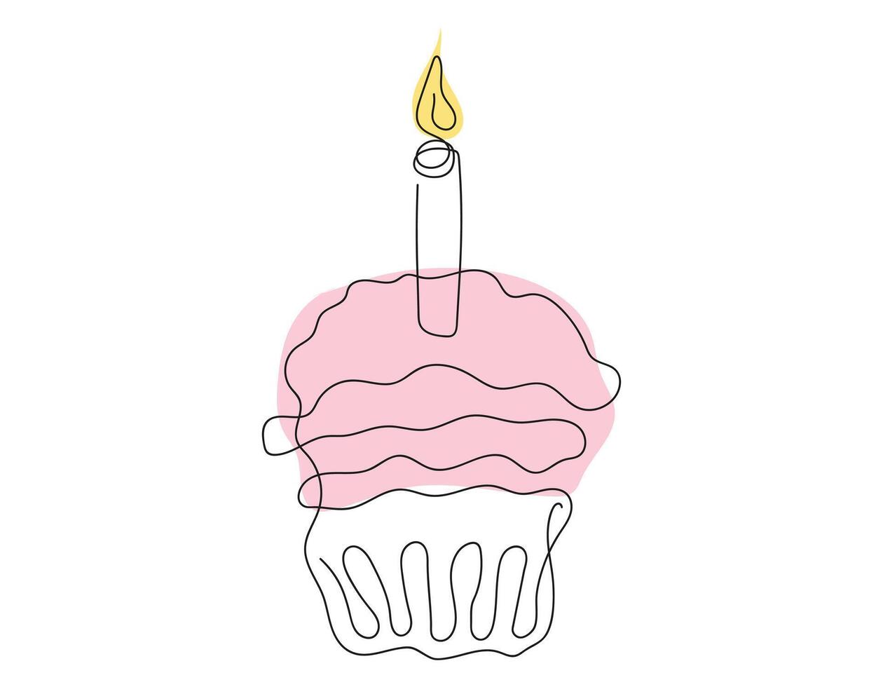 continu un ligne dessin de anniversaire petit gâteau avec une Célibataire allumé bougie. de fête dessert. coloré isolé sur blanche. conception élément pour invitation, imprimer, salutation, scrapbooking vecteur