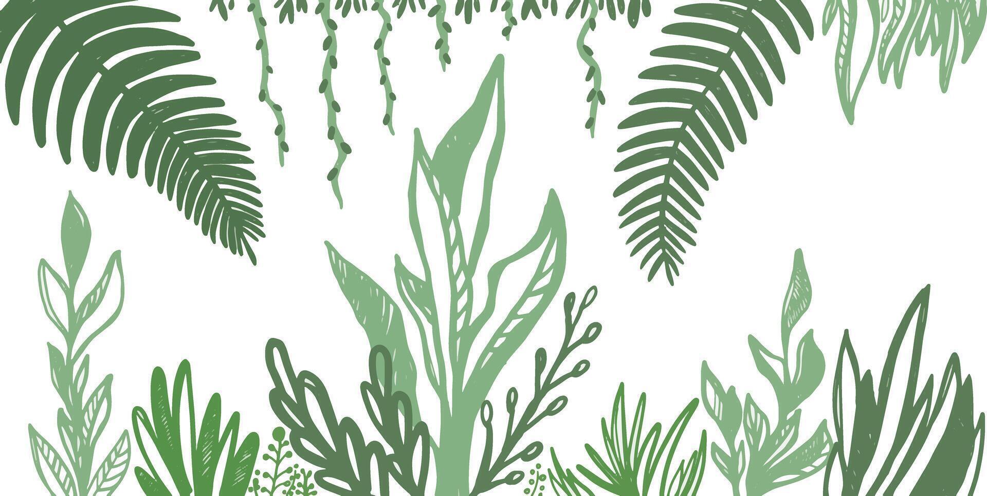 tropical horizontal Cadre avec vert feuilles sur blanc Contexte vecteur