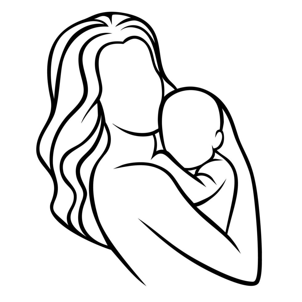 mère tenant un bébé, illustration d'une maternité heureuse, accouchement. contour noir, lignes simples, logo. vecteur