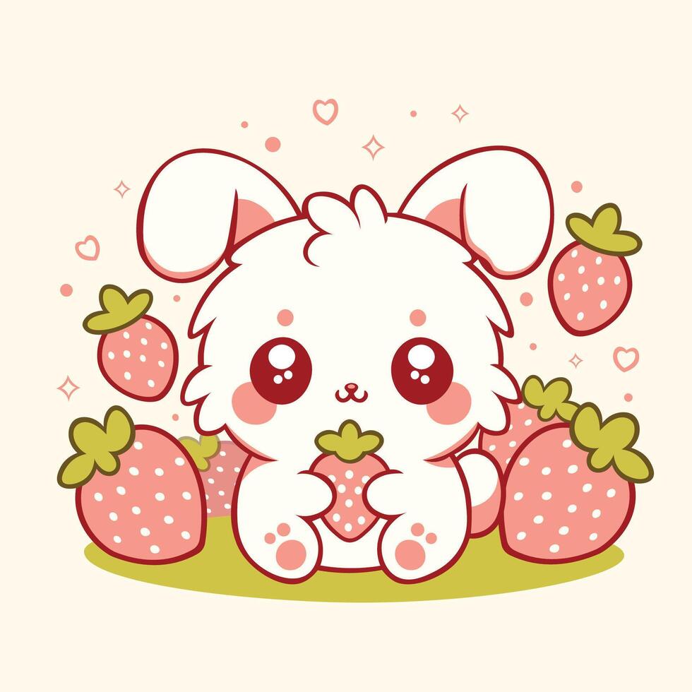 kawaii lapin avec des fraises vecteur