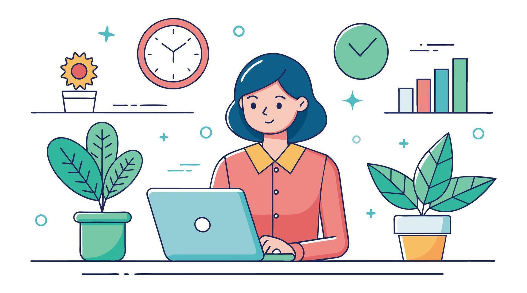 femme travail sur portable dans Bureau avec les plantes et l'horloge vecteur