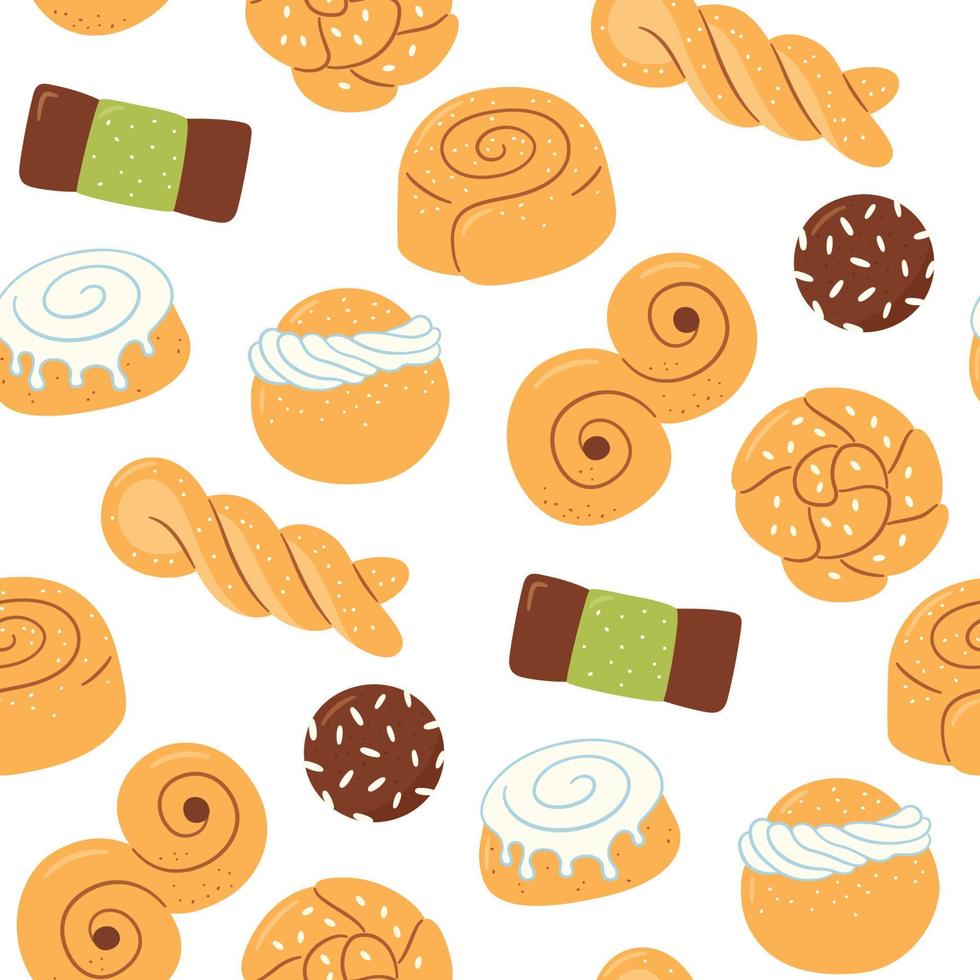 modèle sans couture avec des bonbons suédois traditionnels. pain kanelbulle, brioche à la cannelle, semla, lussekatt, dammsugare et chokladboll. illustration vectorielle dessinés à la main vecteur