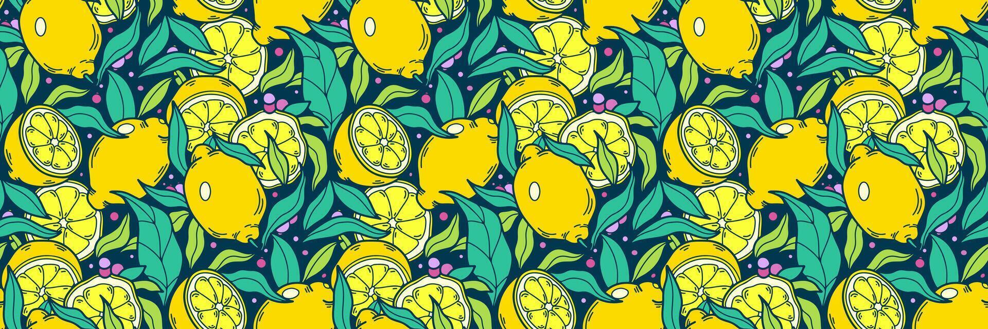 été citron sans couture modèle. tropical fruit et agrumes arbre dans main tiré style. luxuriant Jaune été floral Contexte. pour fond d'écran ou tissu, emballage, marque. griffonnage illustration. vecteur