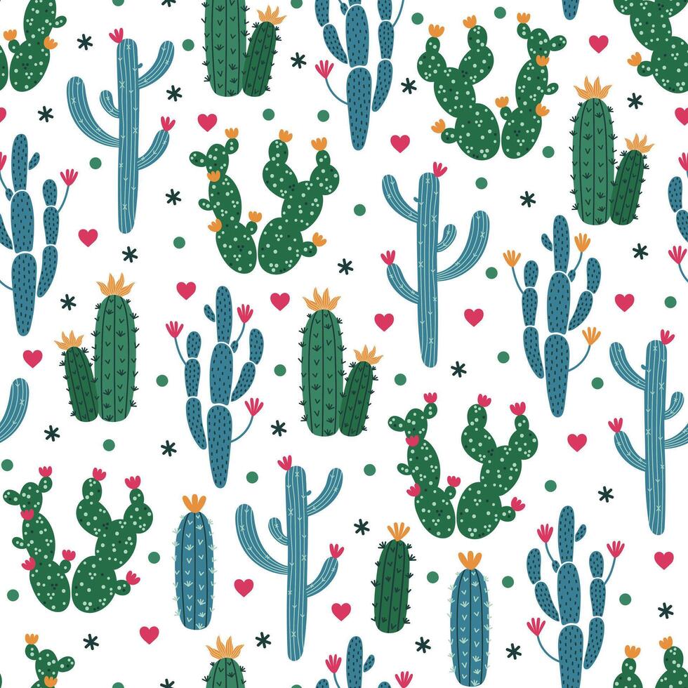 cactus sans couture modèle. saguaro avec vert tige, épineux poire, épineux cereus. plantes succulentes avec coloré fleurs, mignonne cœurs. intérieur ou désert cactus. américain plante. main tiré griffonnage Contexte vecteur
