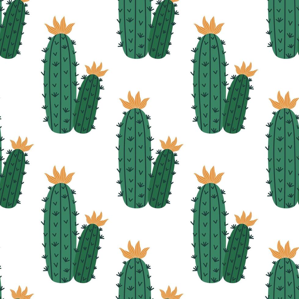 cactus sans couture modèle. une épineux tropical plante avec vert tiges, épines et coloré fleurs. intérieur ou désert succulent. vecteur