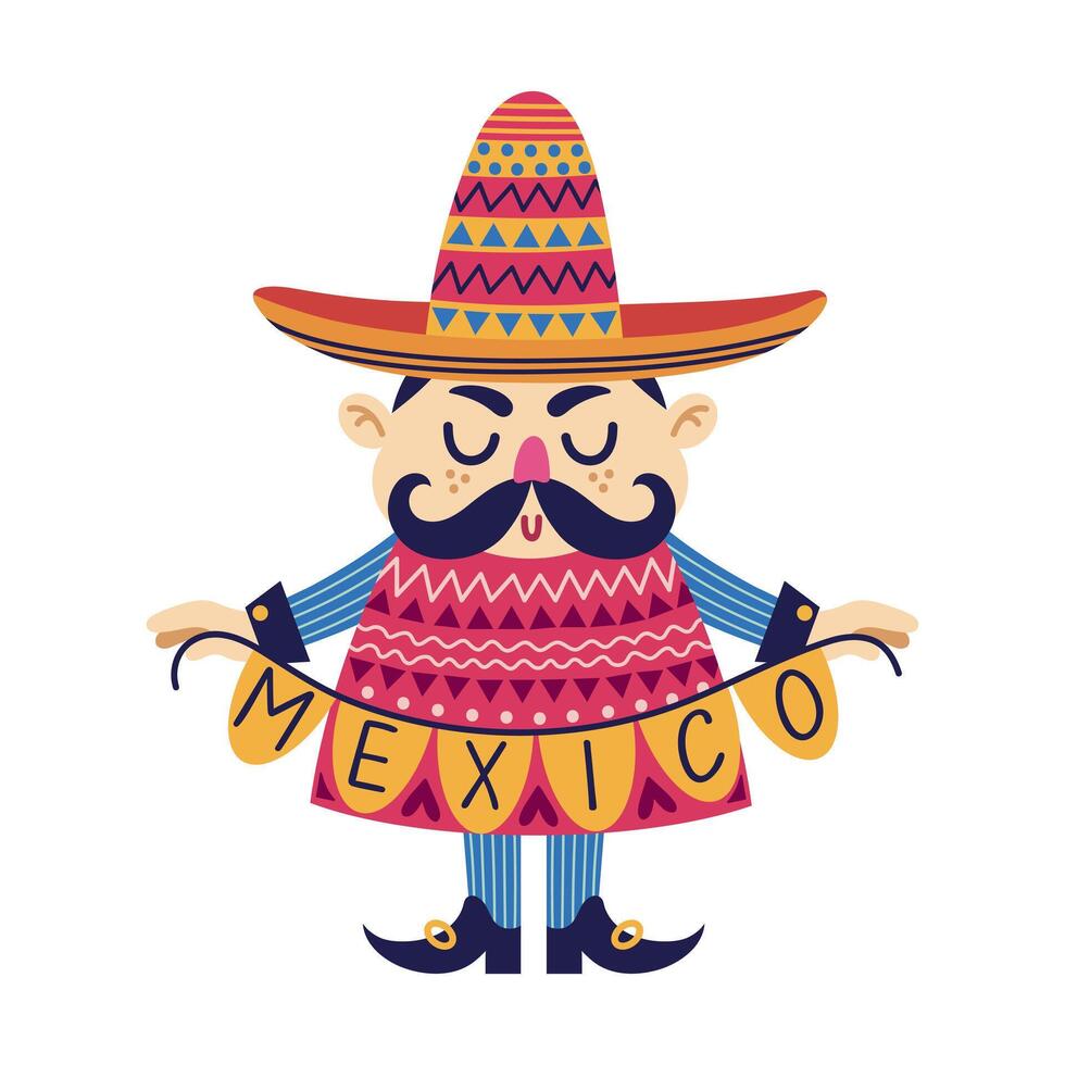 mexicain homme illustration. une marrant gars dans une sombrero et poncho détient une Mexique guirlande. la personne avec une moustache, dans une populaire costume. célébrer cinco de mayonnaise, carnaval, fête. dessin animé griffonnage vecteur