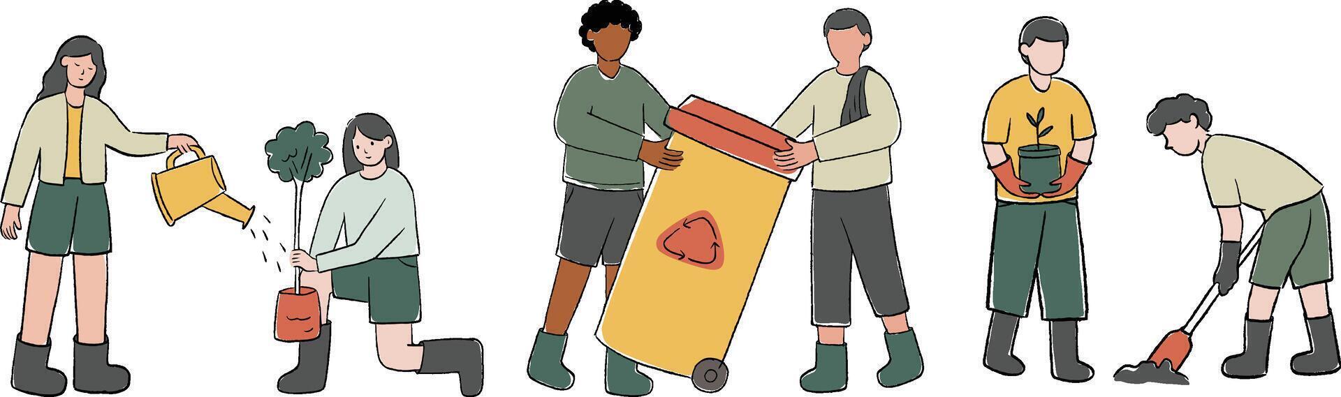Jeune gens dans recycler aller vert activité ensemble illustration vecteur