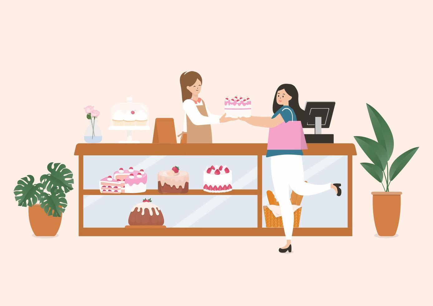 femme et café Personnel avec gâteau dans boulangerie magasin vecteur
