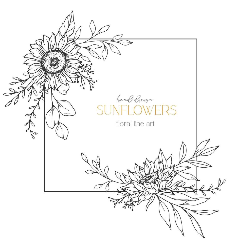 tournesols ligne dessin. tournesol Cadre ligne art. floral Cadre. floral ligne art. bien ligne tournesol illustration. main tiré contour fleurs. botanique coloration page. mariage invitation fleurs vecteur