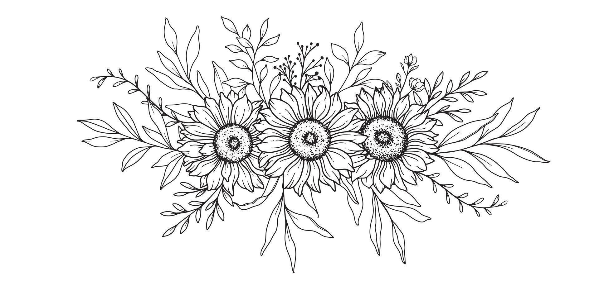 tournesols ligne art, bien ligne tournesols main tiré illustration. bien ligne tournesols illustration. floral ligne art. noir et blanc tournesols graphique vecteur