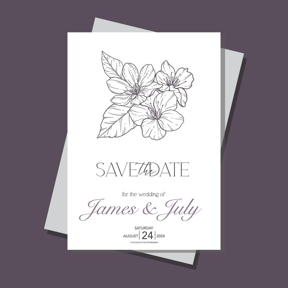 ligne art Cerise fleur mariage invitation modèle, contour Sakura minimaliste mariage papeterie vecteur