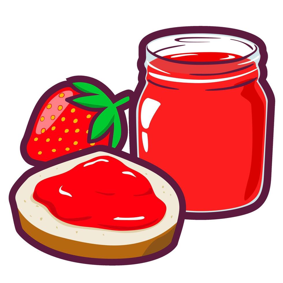 fraise confiture dans pot avec pain dessin animé autocollant vecteur