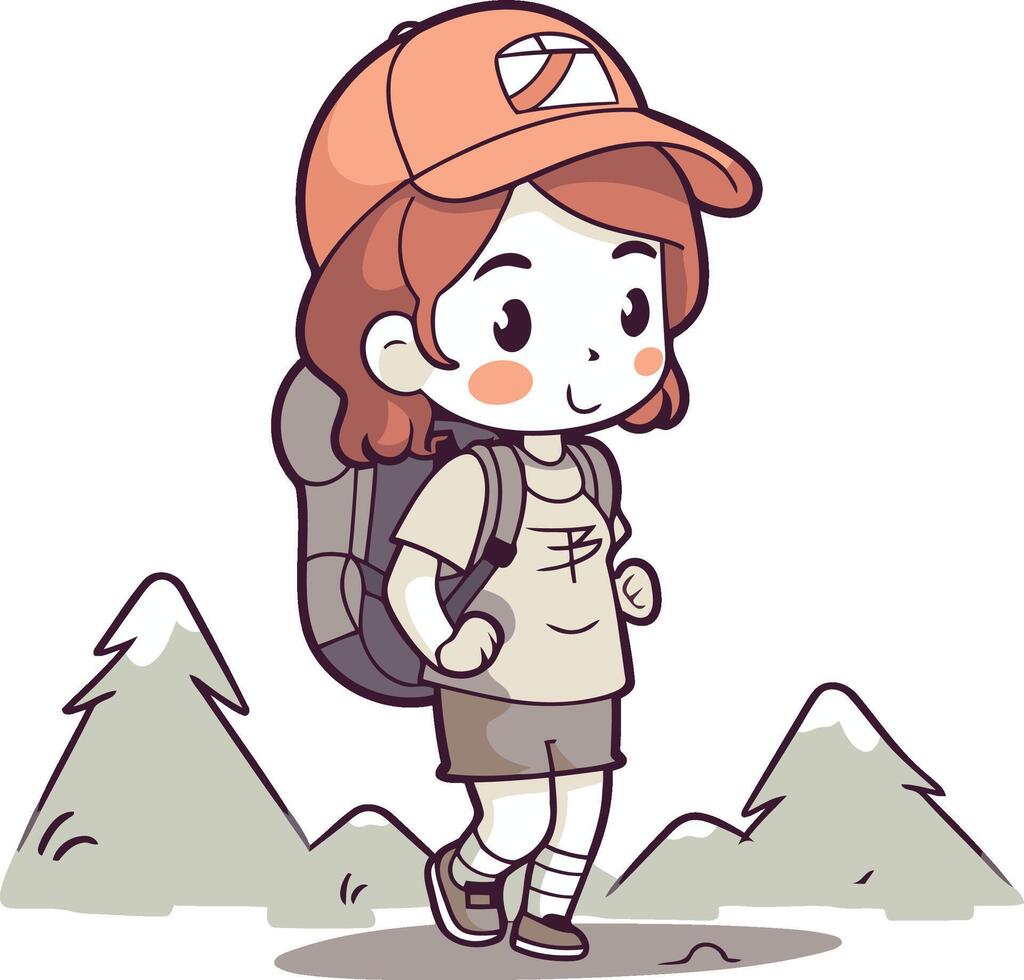 illustration de une fille randonnée dans le montagnes avec une sac à dos vecteur