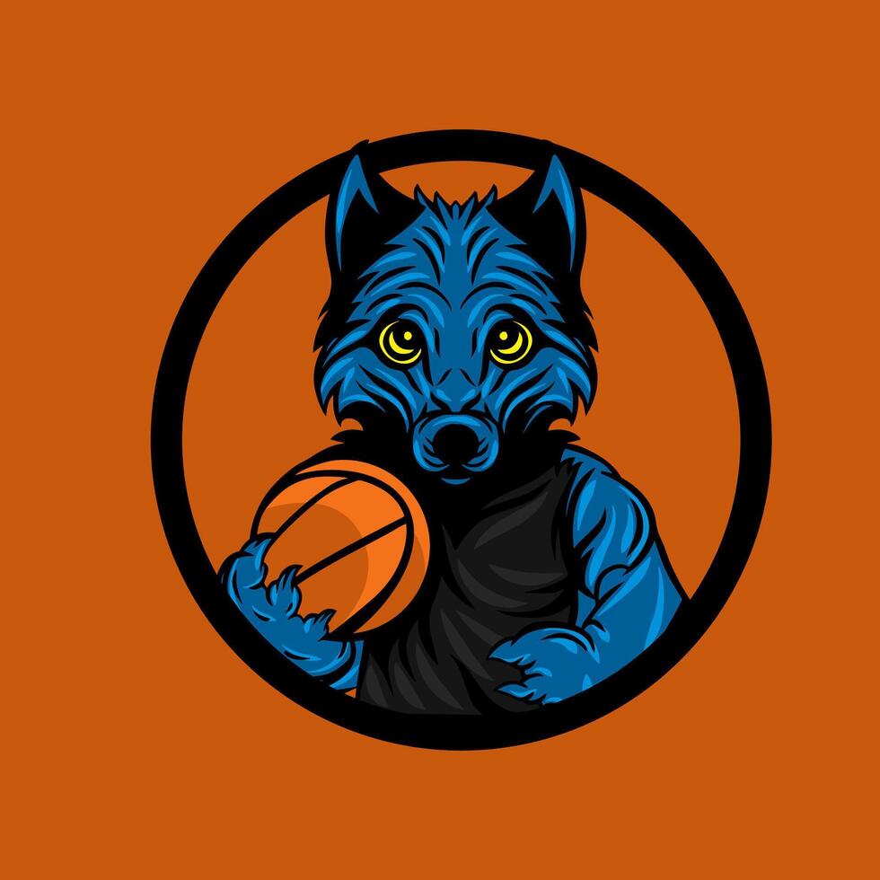 Loup en portant une basket-ball, basketball club mascotte ou logo vecteur