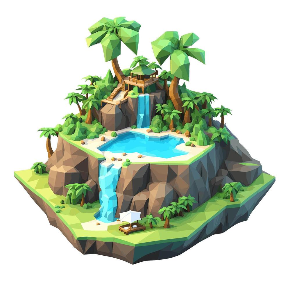 3d isométrique faible poly de une tropical île avec le rivière, honoré avec minimaliste faible polygone des arbres. illustration est une Créatif boîte à outils pour conception dans une distinctif style vecteur