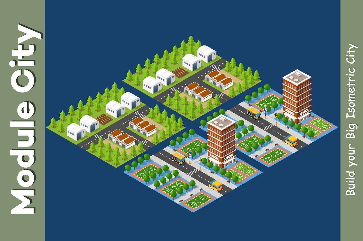 illustration 3d isométrique du quartier de la ville avec des maisons vecteur