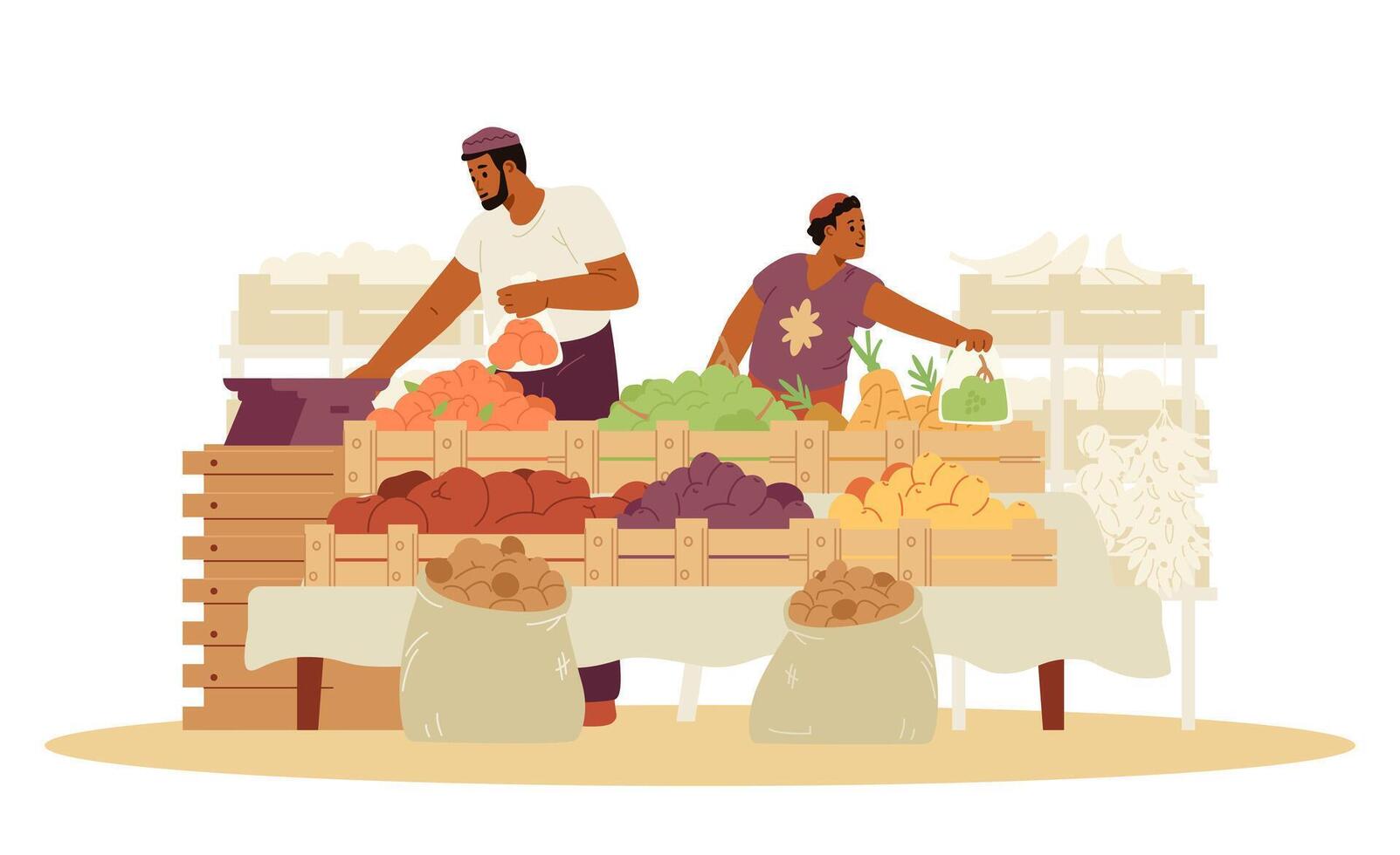 milieu est famille père et fils vente des fruits et des légumes dans une marché plat illustration isolé sur blanche. vert épicerie rue magasin avec les vendeurs. vecteur