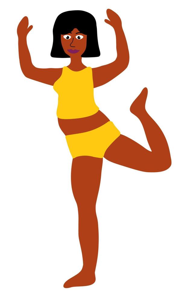 corps positif concept. noir femme permanent dans pose yoga. fille dans Jaune maillot de bain. dessin animé plat illustration. vecteur