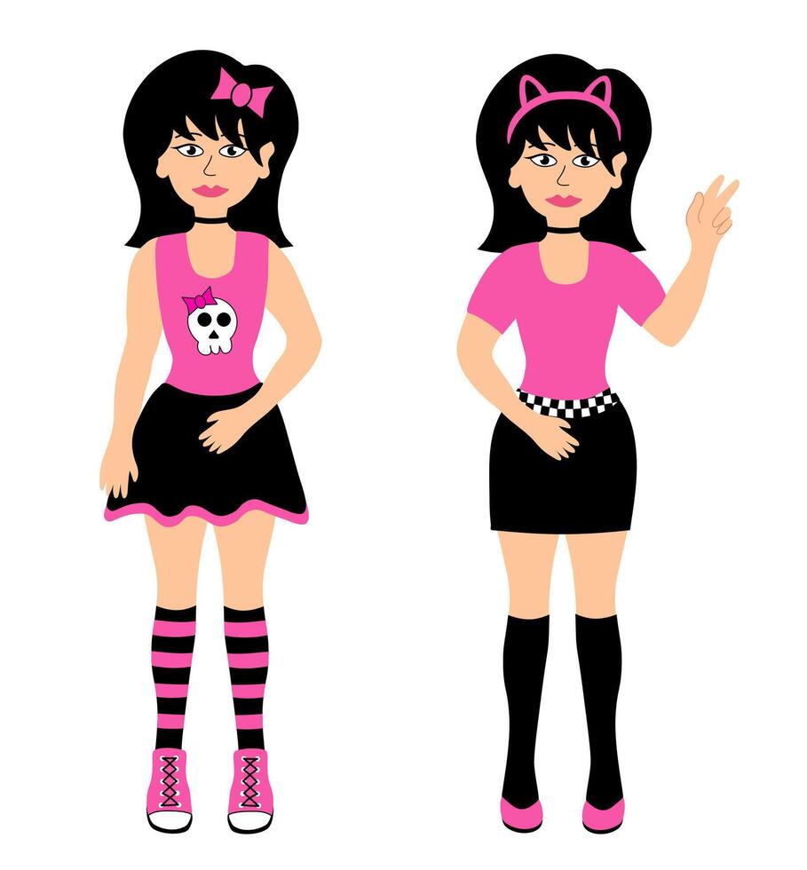 dessin animé adolescent les filles emo ou punk. deux Jeune femmes avec noir cheveux portant mini jupe, T-shirt avec crâne, chat serre-tête, spectacle paix signe. y2k années 2000 style. plat illustration. vecteur