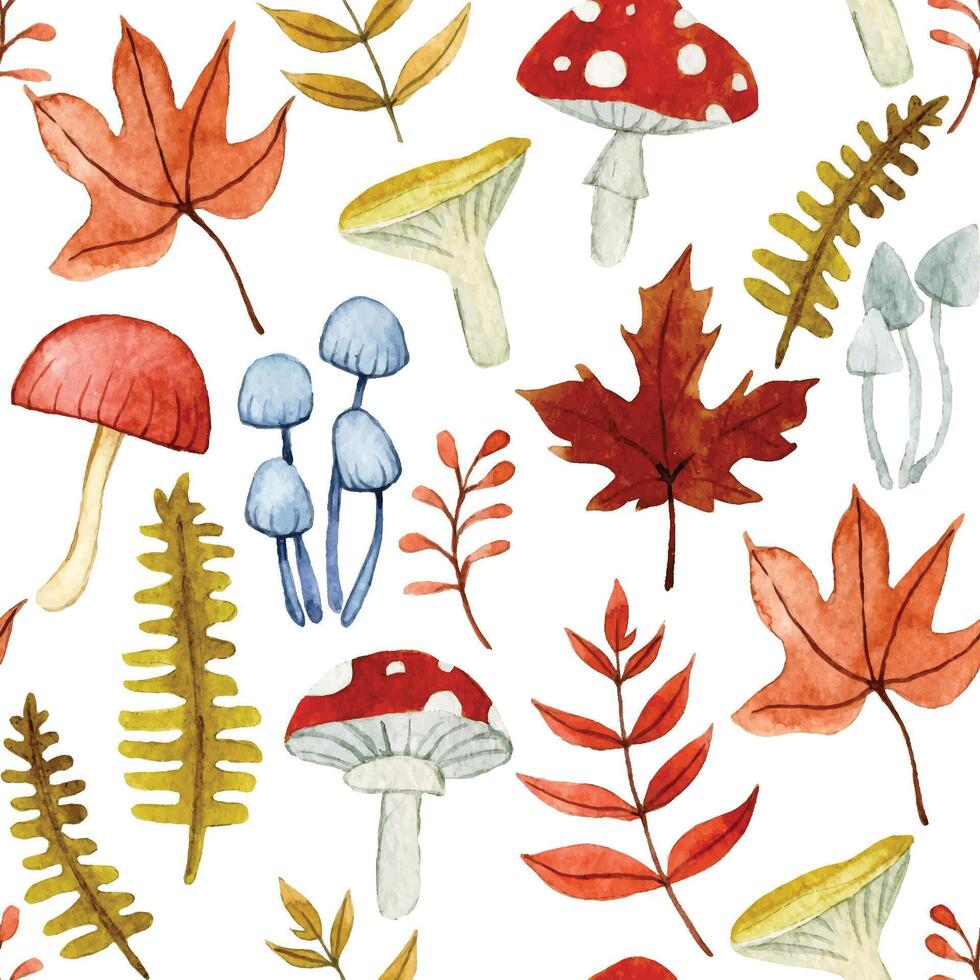 sans couture modèle de mignonne l'automne feuilles et champignons. aquarelle dessin dessin animé vecteur
