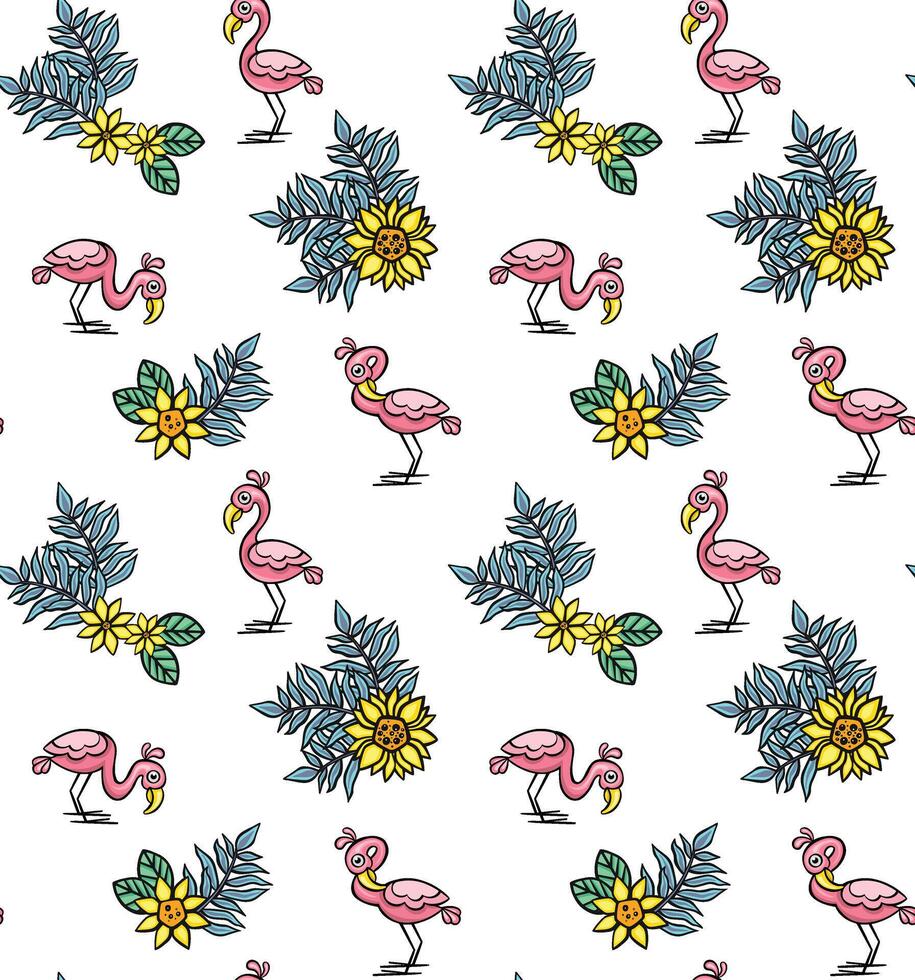 sans couture modèle avec flamants roses et tropical fleurs, vecteur