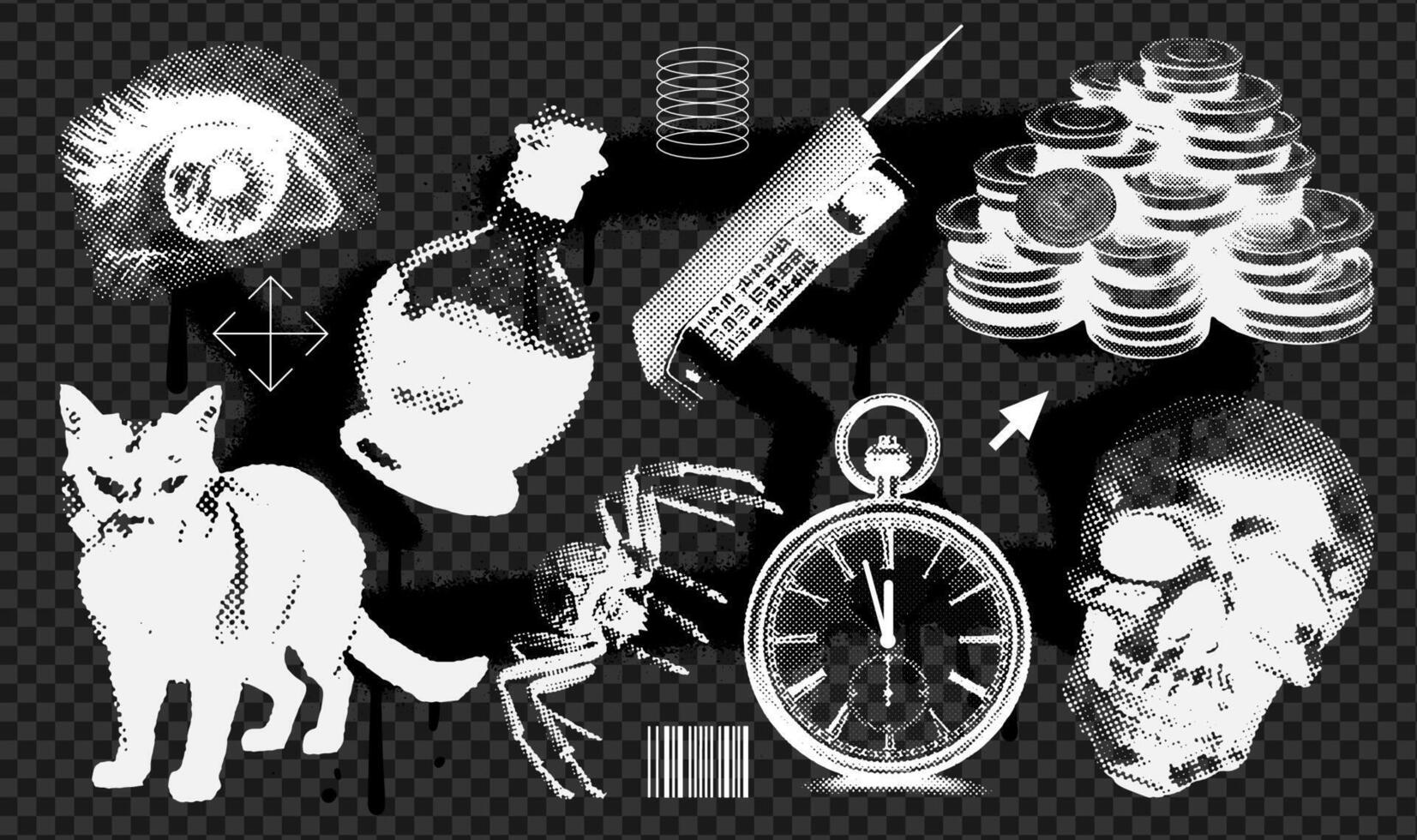 rétro négatif photocopie effet futuriste grunge éléments collection pour conception. abstrait tridimensionnel crâne, chat, œil, téléphone portable, horloge, araignée. illustration pour affiche, bannière, autocollant vecteur