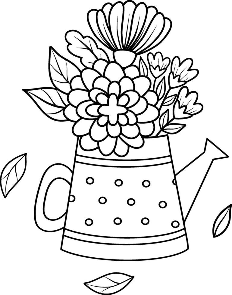 illustration de une arrosage pouvez dans le forme de une vase avec fleurs, tulipes, marguerites, pivoines, hortensias. une noir et blanc contour. saisonnier illustration de printemps fleurs pour jardinage,clipart vecteur