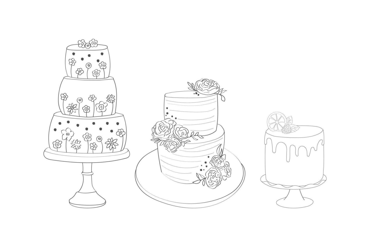 une dessin représentant Trois distinct Gâteaux mis sur une tableau. chaque gâteau est uniquement conçu et des stands en dehors sur le table surface vecteur