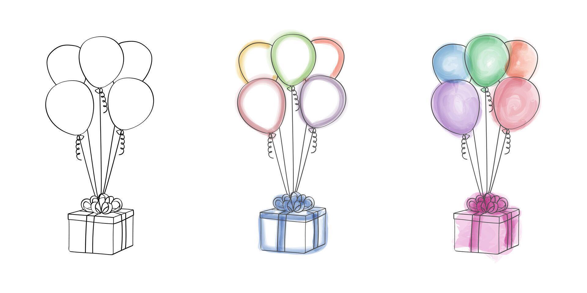 une dessin dépeindre coloré des ballons flottant suivant à une cadeau boîte. le des ballons sont de divers tailles et couleurs, tandis que le cadeau boîte est magnifiquement enveloppé avec une arc vecteur